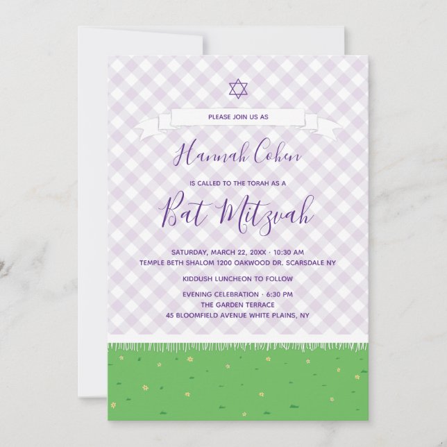 Garden Bat Mitzvah Invitation Gingham (Front)