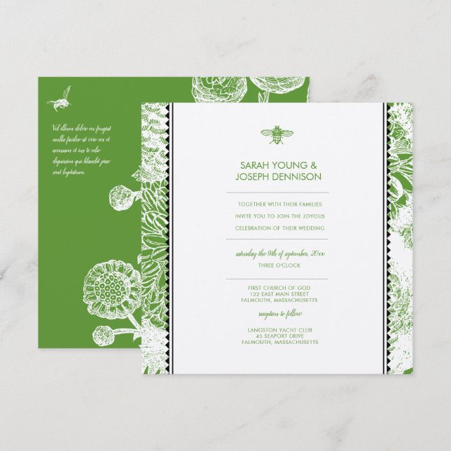 Garden Bee Green Toile Wedding Invitation (Front/Back)