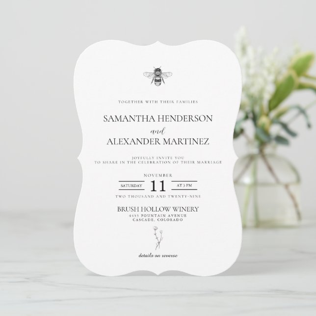Garden Bee  with Details and QR Code Wedding Invitation (Standing Front)
