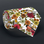 Garden birds and flowers 1 tie<br><div class="desc">Hand-drawn garden birds- robin,  goldfinch and bulfinch on bouquets of flowers and leaves- dahlias,  chrysanthemums,  calendula,  coneflowers ivy and ferns</div>
