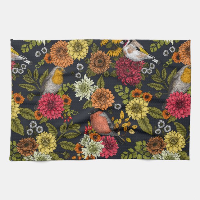 Garden birds and flowers 2 tea towel (Horizontal)