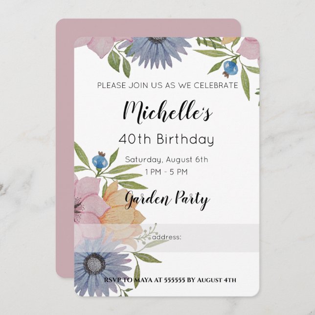 Garden Birthday Party Watercolor Flowers Invitation (Front/Back)