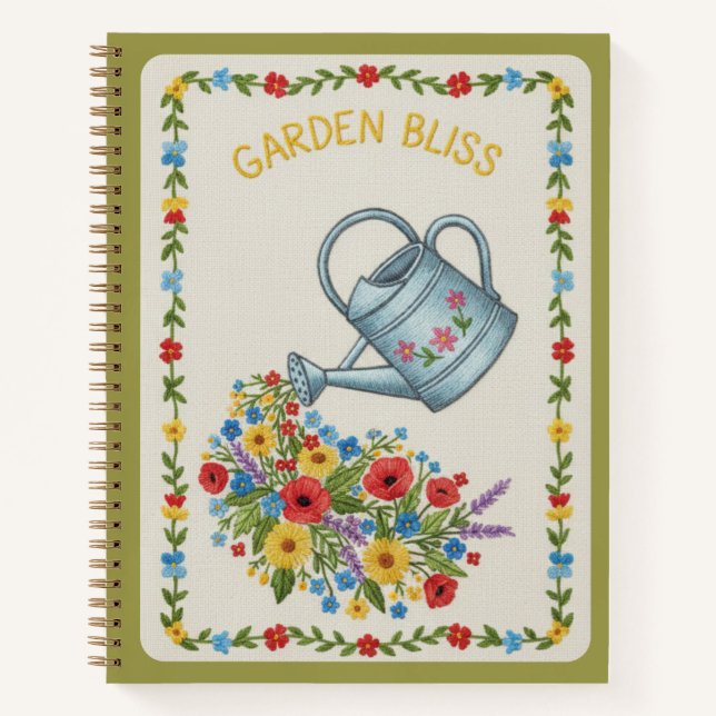 Garden Bliss Embroidered Floral Watering Can Notebook (Front)
