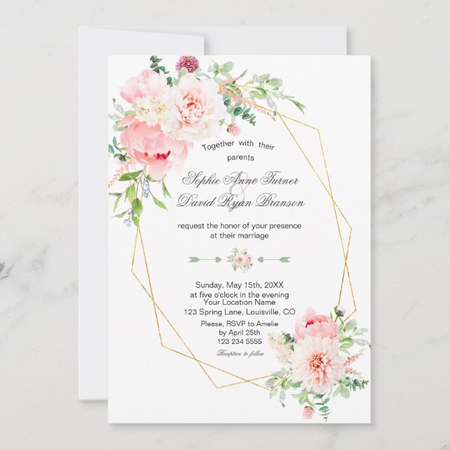 Garden Bloom Blush Flowers Gold Wedding Invitation (Front)