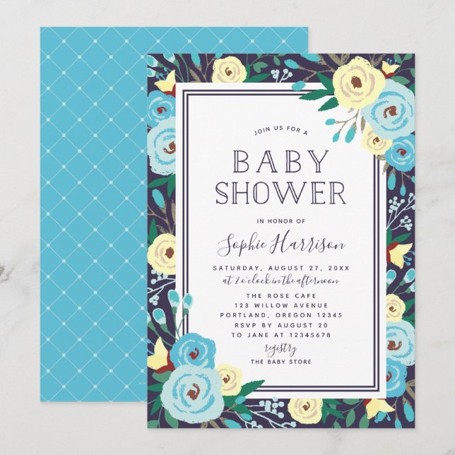 Garden Blooms Floral Blue Baby Shower Invitation (Front/Back)