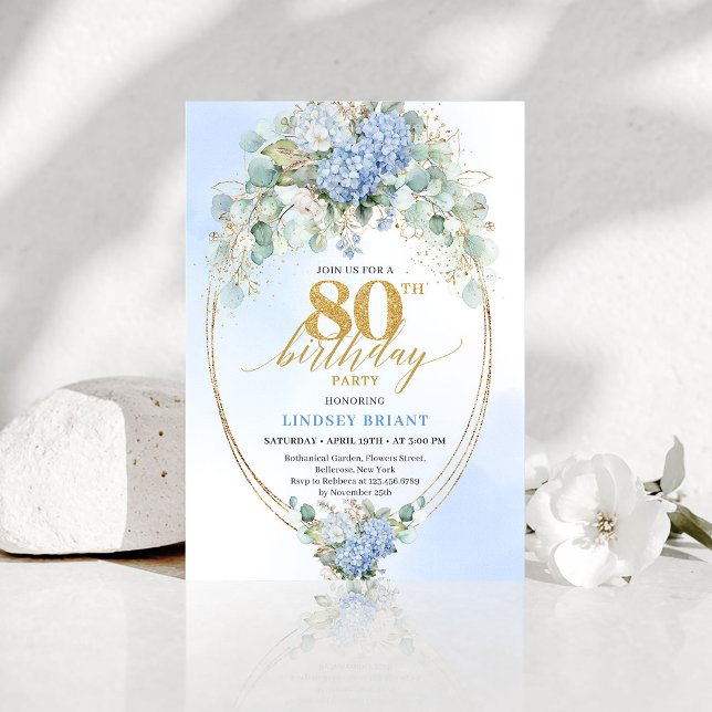 Garden Blue Hydrangea Gold 80th Birthday Invites (Garden Blue Hydrangea Gold 80th Birthday Invitation)