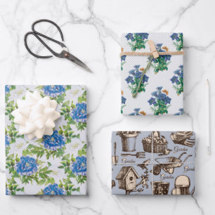Garden Blue Wrapping Paper Flat Sheet Set of 3