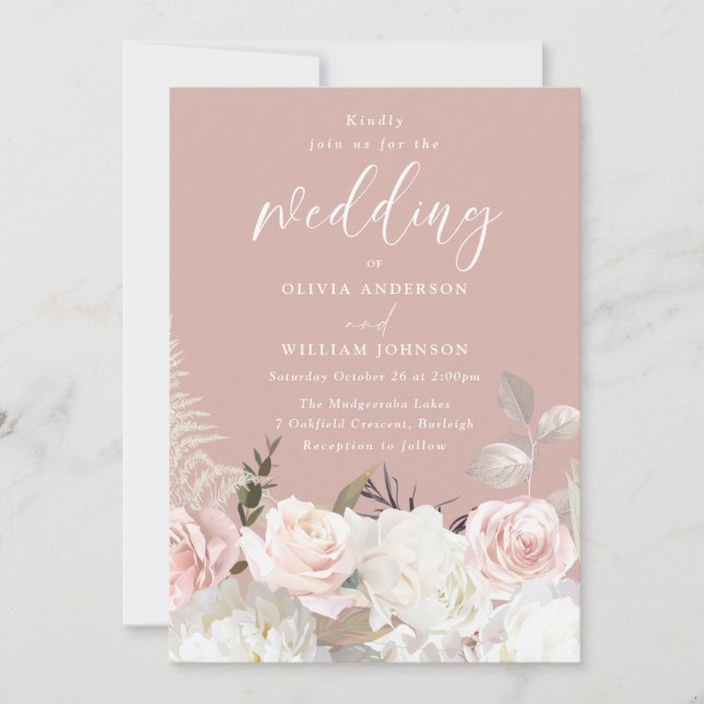 Garden Blush & White Floral Mauve Wedding Invitation (Front)