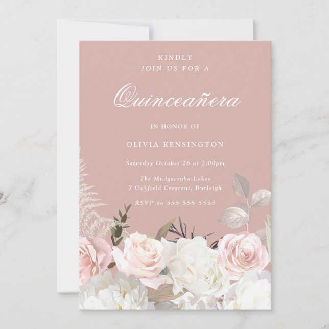 Garden Blush & White Floral Quinceanera Party Invitation (Front)