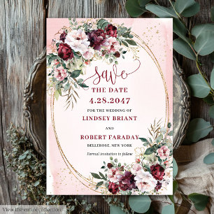 Garden Boho Burgundy Blush Gold Roses Save Date Invitation
