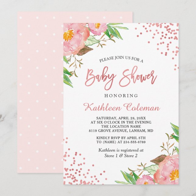 Garden Botanical Pink Floral Dots Baby Shower Invitation (Front/Back)