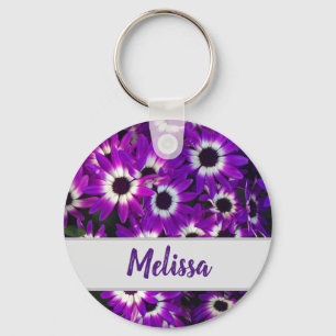 Garden Bright Purple Flowers Add Name Floral Key Ring