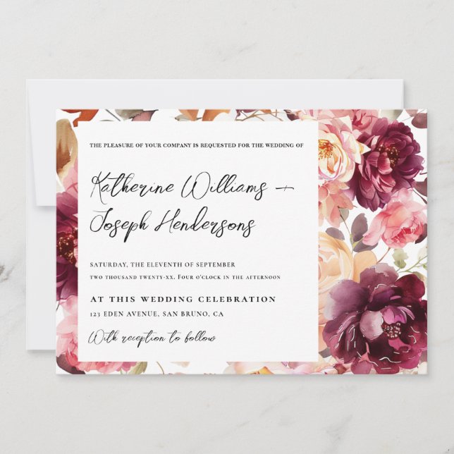 Garden Burgundy Script calligraphy Details Wedding Invitation (Front)