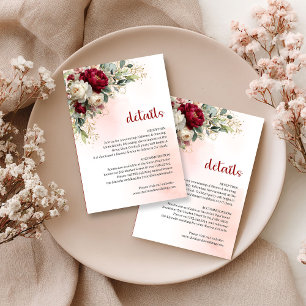 Garden Burgundy White Floral Gold Wedding Details Enclosure Card