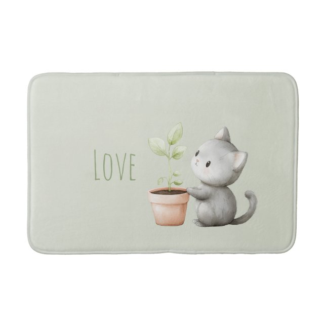 Garden Cat with Plant Love Bath Mat (Front)
