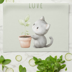 Garden Cat with Plant Love Tea Towel