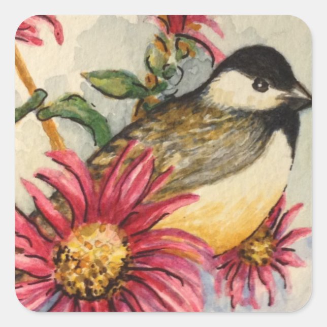 Garden Chickadee Watercolor Pink Daisy Square Sticker (Front)