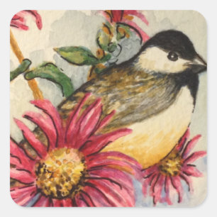 Garden Chickadee Watercolor Pink Daisy Square Sticker