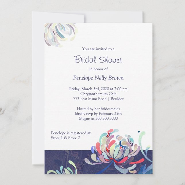 Garden Chrysanthemum Navy Bridal Shower Invitation (Front)