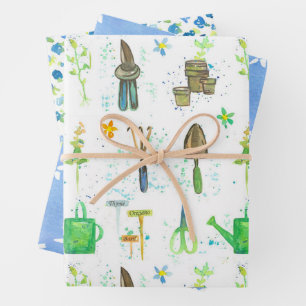 Garden Club Summer Flowers Tools Herbs Blue Wrapping Paper Sheet