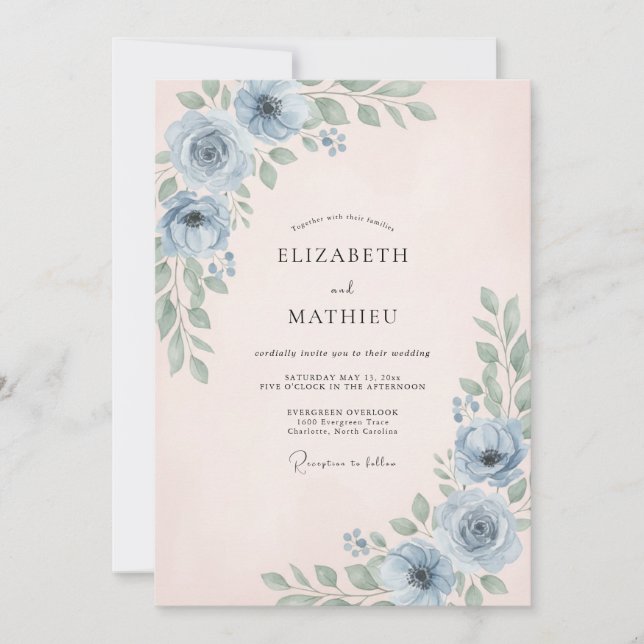 Garden Cornflower Leafy Wedding Invitation (Front)