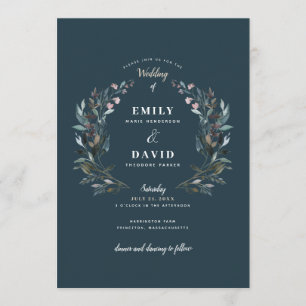 Garden Crest Dark Blue Sea Wedding Invitation