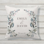 Garden Crest | Eggshell | Wedding Names Cushion<br><div class="desc">This accent pillow is perfect for your outdoor wedding or patio decoration. Featuring a painted watercolor floral pattern with blue and pink tones. Personalise with your names and date using the templates provided. This is part of our "Garden Crest" wedding collection. This pillow would look great right next to our...</div>