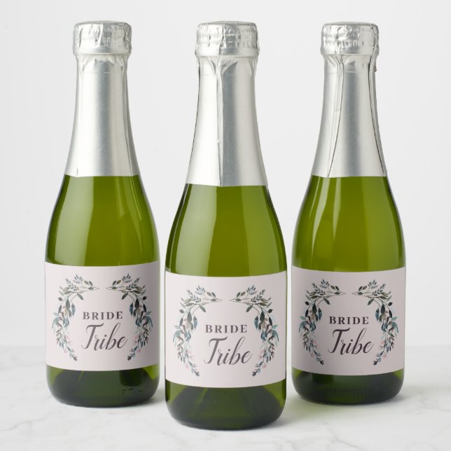 Garden Crest Floral Bride Tribe Calligraphy Mauve Sparkling Wine Label (Bottles)