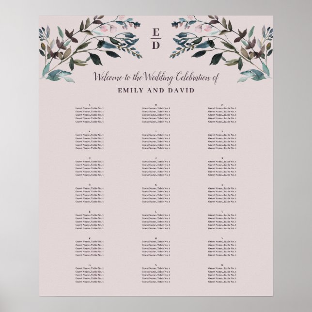 Garden Crest | Mauve  Alphabetical Seating Chart (Front)