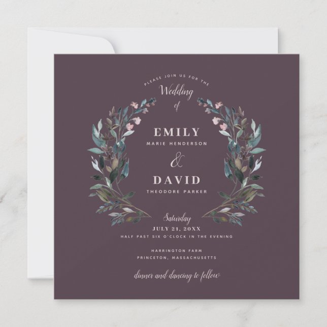 Garden Crest | Mauve Purple  Floral Square Wedding Invitation (Front)