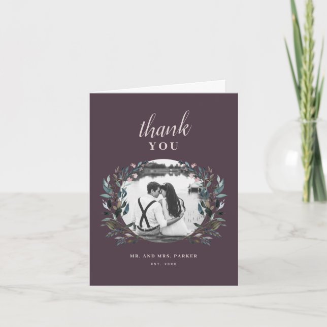Garden Crest | Mauve Purple Floral Wedding Photo Thank You Card (Front)