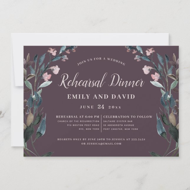 Garden Crest Mauve Purple Floral Wedding Rehearsal Invitation (Front)