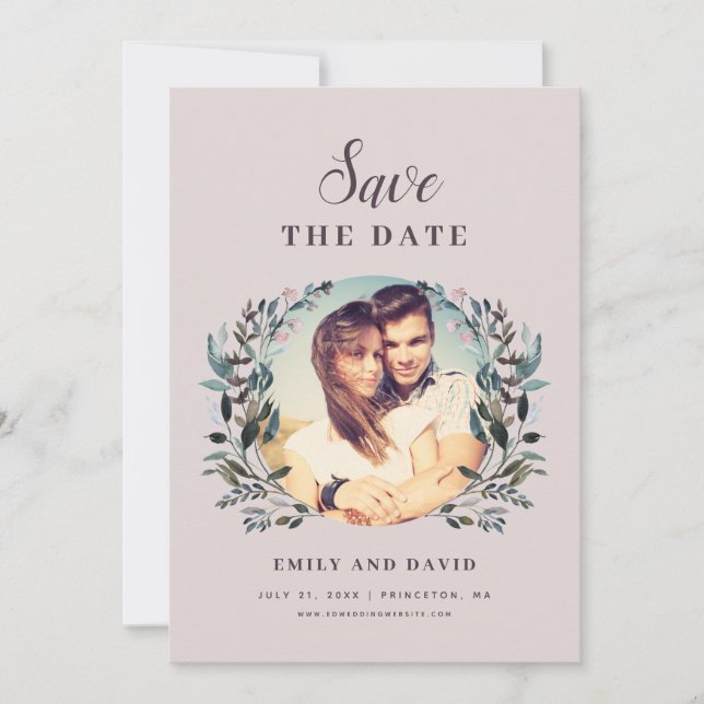 Garden Crest Mauve Purple Wedding Floral Photo Save The Date (Front)