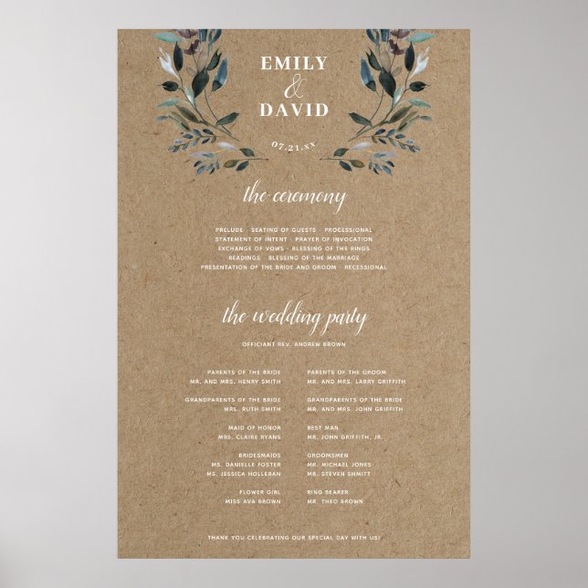 Garden Crest | Rustic Kraft Ceremony Program Sign (Front)