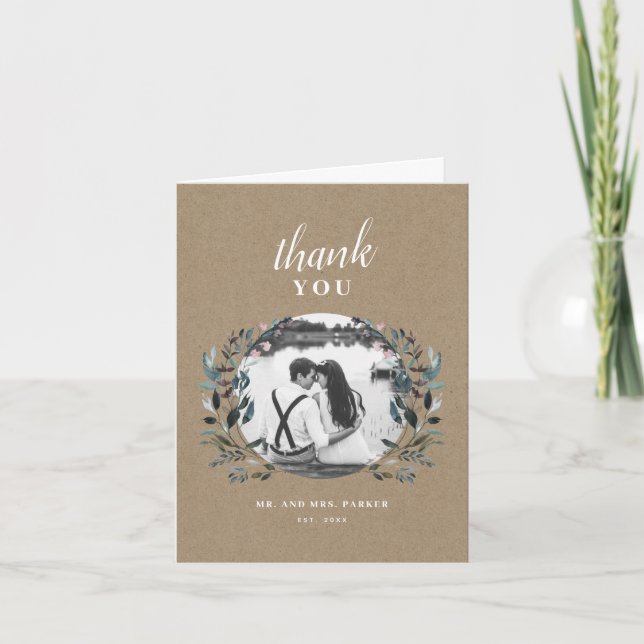 Garden Crest | Rustic Kraft Floral Wedding Photo Thank You Card (Front)