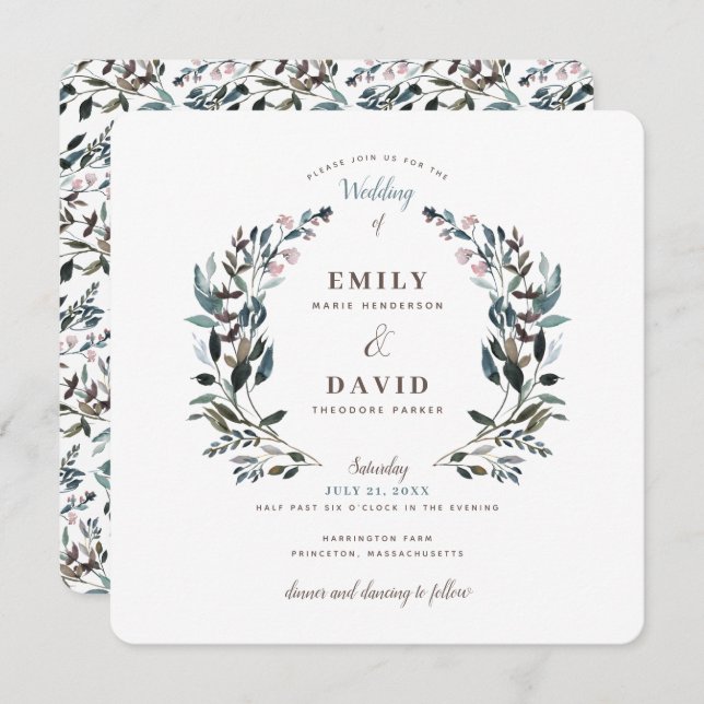 Garden Crest | White Blue Floral Square Wedding Invitation (Front/Back)