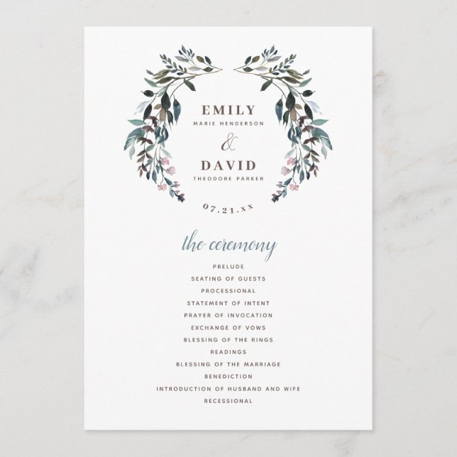 Garden Crest | White Blue Floral Wedding Ceremony Programme (Front)