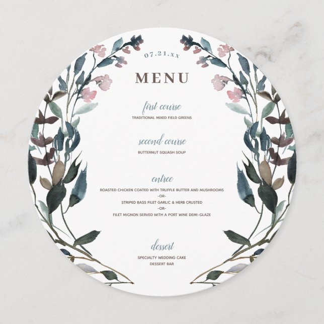 Garden Crest | White Blue Floral Wedding Menu (Front)