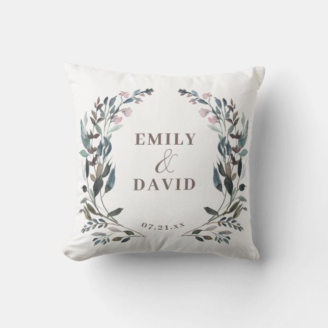 Garden Crest | White Blue Floral Wedding Names Cushion (Front)