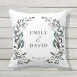 Garden Crest | White Blue Floral Wedding Names Cushion<br><div class="desc">This accent pillow is perfect for your outdoor wedding or patio decoration. Featuring a painted watercolor floral pattern with blue and pink tones. Personalise with your names and date using the templates provided. This is part of our "Garden Crest" wedding collection. This pillow would look great right next to the...</div>
