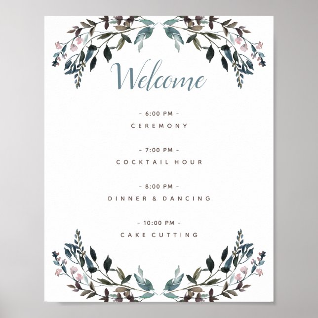 Garden Crest White Blue Floral Wedding Program Poster (Front)