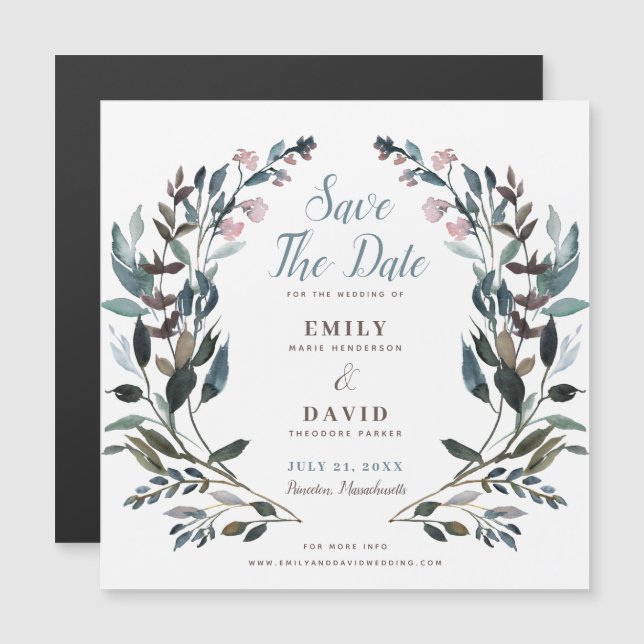 Garden Crest | White Blue Wedding Save The Date Magnetic Invitation (Front/Back)