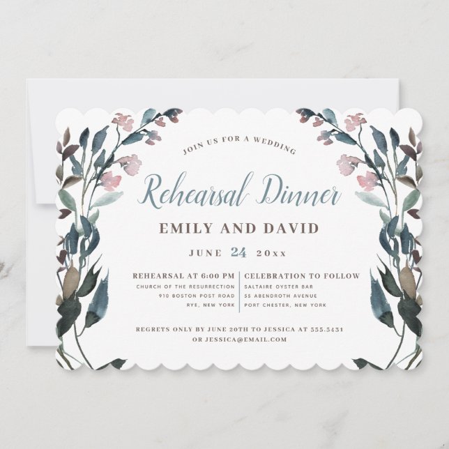 Garden Crest | White Dusty Blue Floral Wedding Invitation (Front)