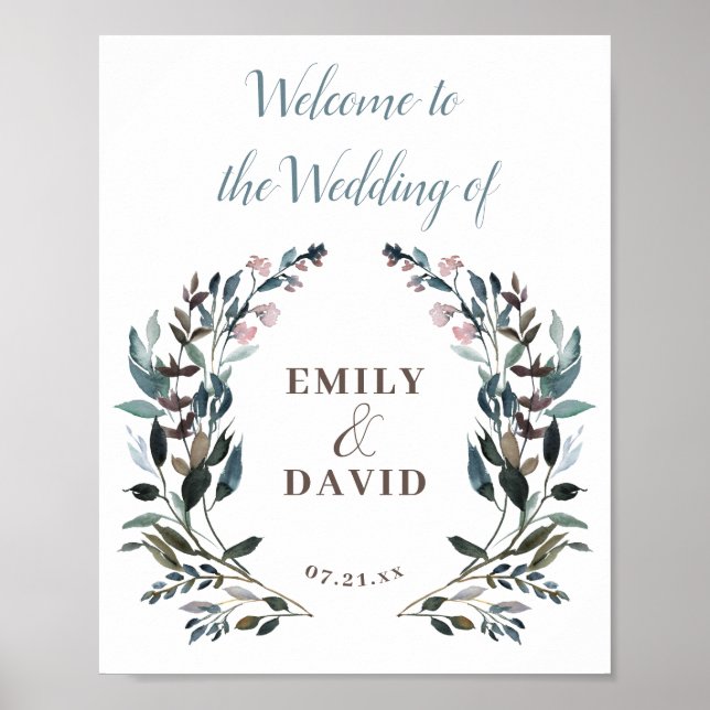 Garden Crest | White Dusty Blue Welcome Wedding Poster (Front)