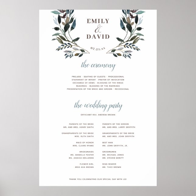 Garden Crest | White Floral Ceremony Program Sign (Front)