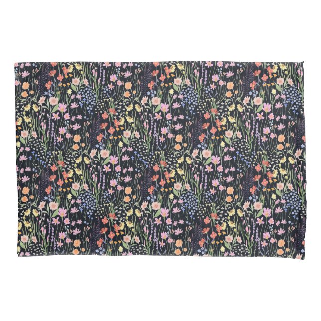 Garden Dark Background Wildflowers Floral Pattern Pillowcase (Front)