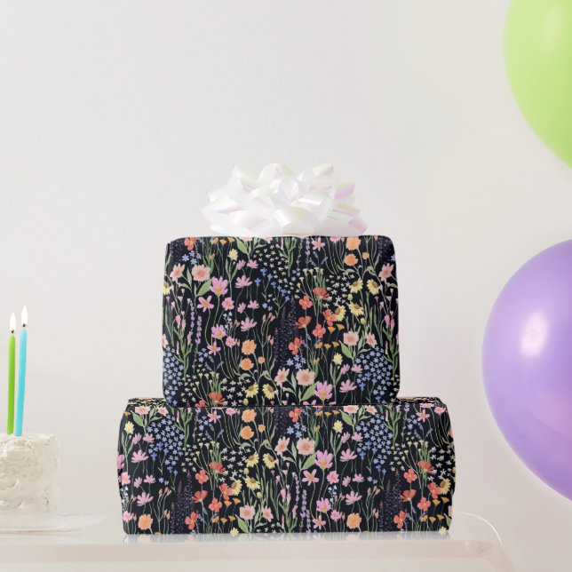 Garden Dark Background Wildflowers Floral Pattern Wrapping Paper (Party Gifts)