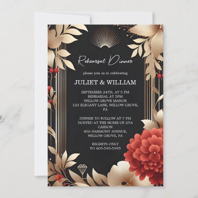 Garden Diamond Red Black And Gold Rehearsal Dinner Invitation (Front)
