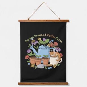Garden Dreams & Coffee Beans Cute Cat Cottagecore Hanging Tapestry