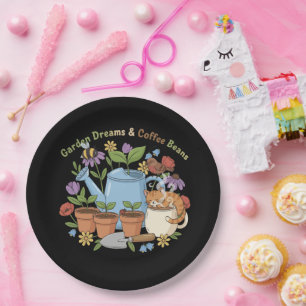 Garden Dreams & Coffee Beans Cute Cat Cottagecore Paper Plate